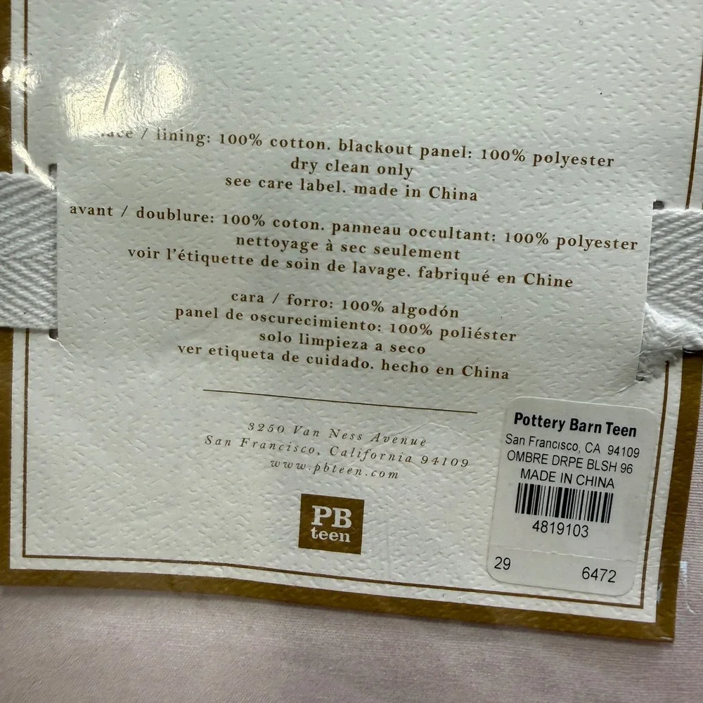 Pottery Barn Teen Ombre Blackout Drape Blush Pink Curtain Panel 52x96 4819103
